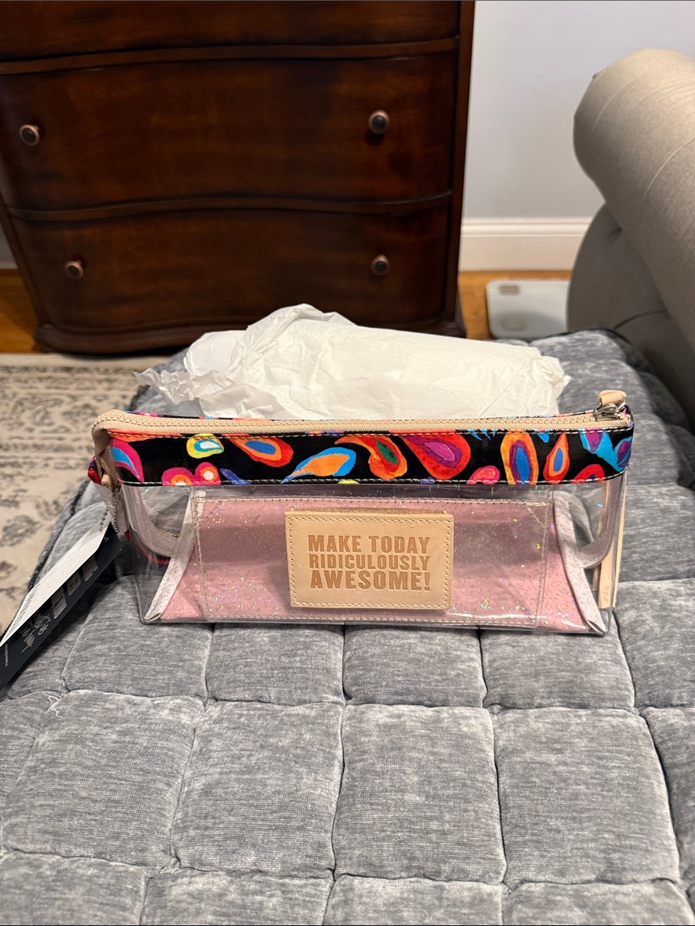 Consuela Clear Pink Glitter Cosmetic Pouch with Colorful Trim